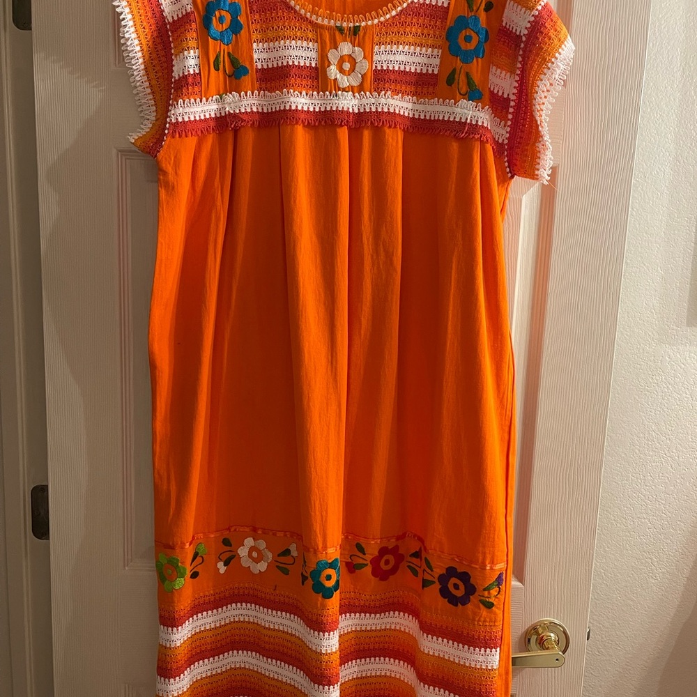 Orange Floral Embroidered Casual Dress
